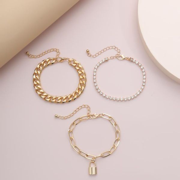 

link, chain kunjoe punk heavy metal crystal lock pendant bracelets set female hip hop rock chunky thick gold color bracelet bangles jewelry, Black