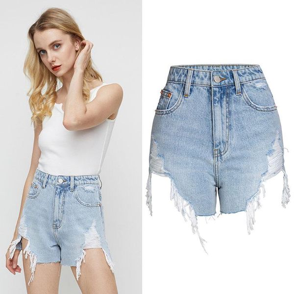 

women's jeans women summer denim shorts pure cotton waist hole ripped tassels casual vintage short, Blue