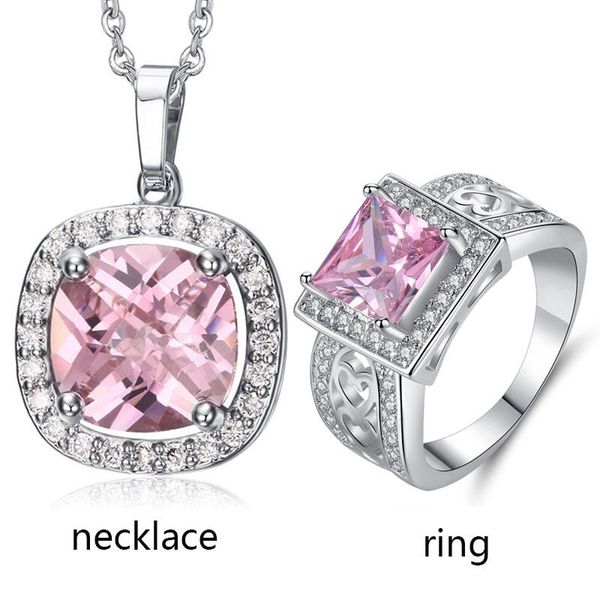 

earrings & necklace domilay fashion square pink zircon ring women wedding jewelry set bridal party gift jewellery accessories, Silver