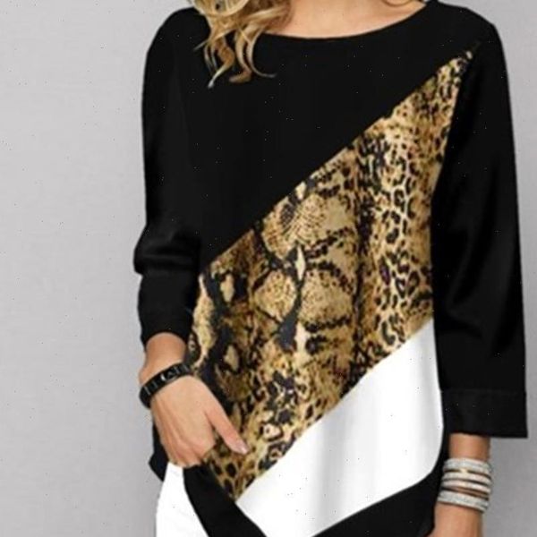 

o neck 3 women shirt 4 sleeve spring autumn leopard snakeskin printed casual irregular blouse, White