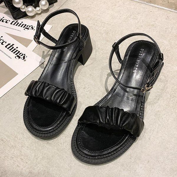 

dress shoes fashion square heel womens sandals 2021 summer korean pleated ankle buckle casual high heels simple rome, Black