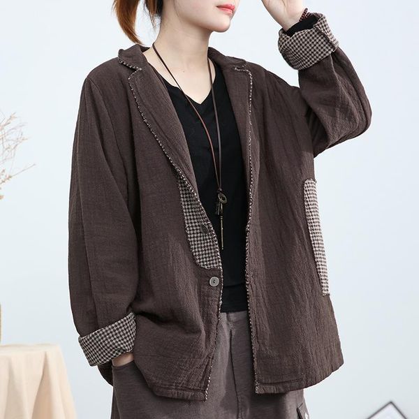 

women's jackets women jacket cardigan cotton linen loose 2021 autumn spring plaid long sleeve patchwork fashion button coat, Black;brown
