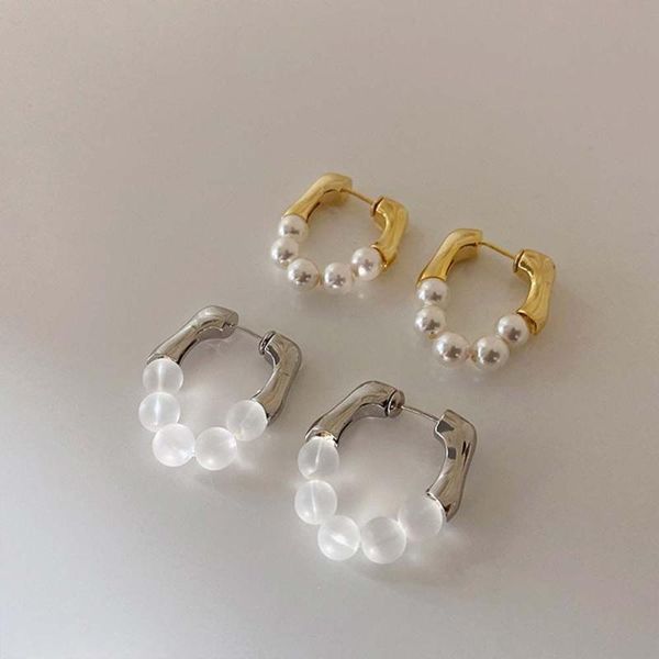

hoop & huggie crystal metal splicing beaded earrings minimalist simple imitation pearl balls geometric circle women jewelry, Golden;silver