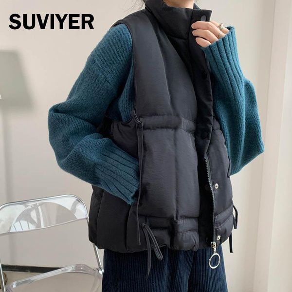 

women's vests [suviyer] 2021 winter jacket women vest cotton plus size thick warm sleeveless outwear female casual parka, Black;white