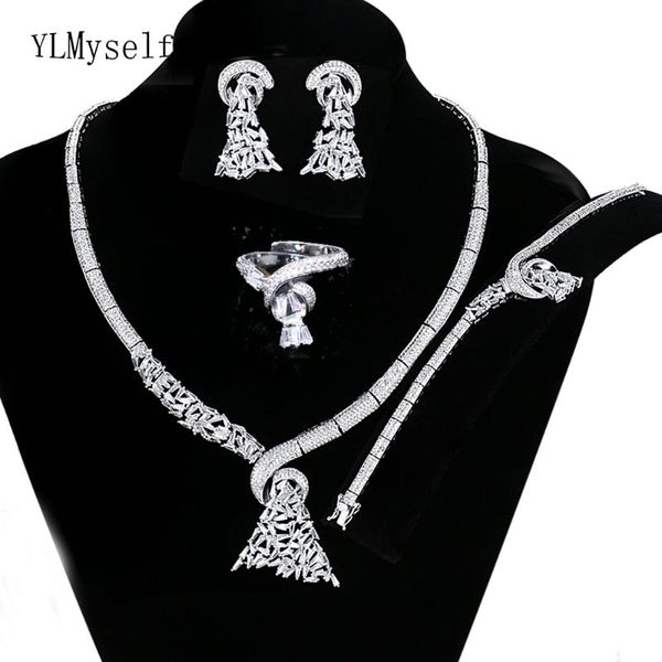 

earrings & necklace luxurious wedding jewelry sets white necklace+bracelet+earrings+sizes ring large 4pcs dubai jewellery set, Silver
