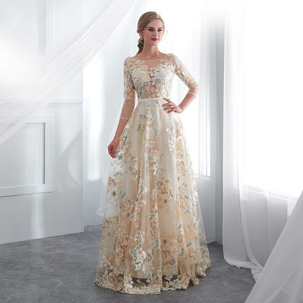 

party dresses illusion evening long formal elegant embroidery flower prom gowns 3 quarter sleeve tulle, White;black