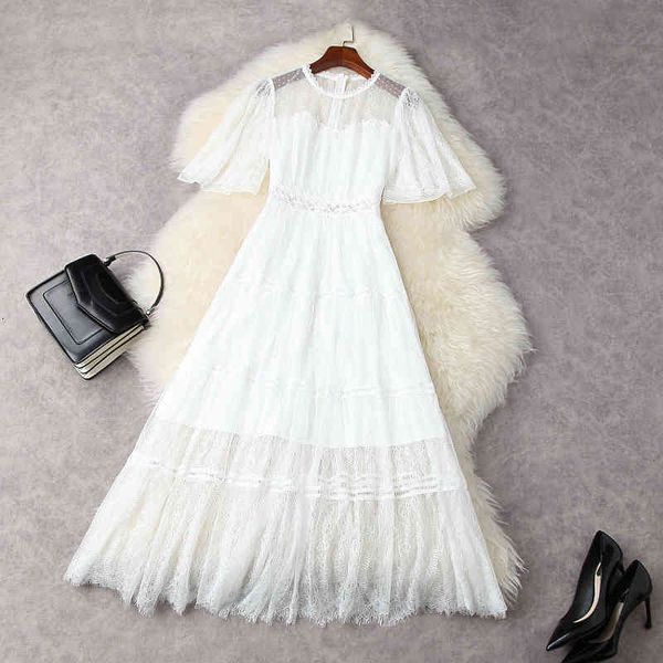 

casual dresses summer short sleeve round neck white / black floral lace panelled ruffle detail mid-calf dress elegant 21m2311980 c19m, Black;gray