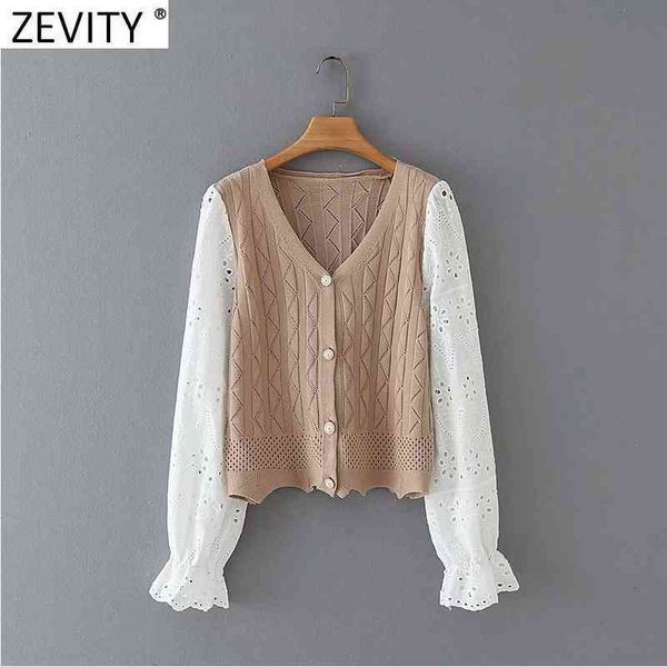 

zevity women fashion v neck hollow out long sleeve patchwork knitting sweater lady basic cardigans chic hem wave s629 210419, White;black