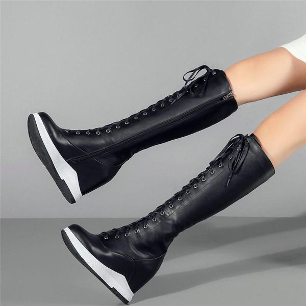 

women lace up cow leather wedges high heel knee boots female thigh round toe fashion sneakers platform oxfords shoes, Black