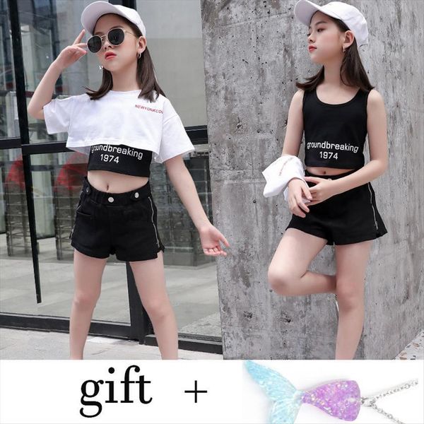 

3pcs fashion summer toddler girls t shirt vest short children clothing sets teens sport suit kids clothes 3 8 10, White