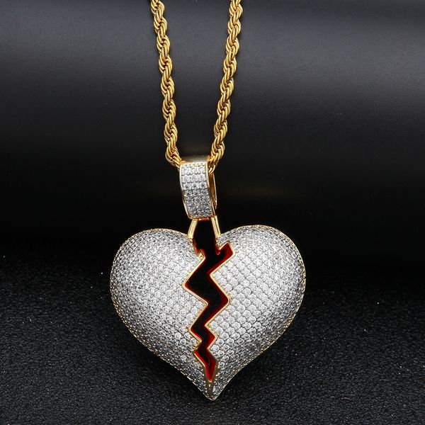 

hip hop solid broken heart iced out pendant necklace charm for men women gold color cubic zircon jewelry, Silver
