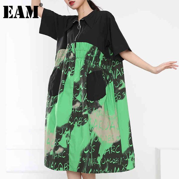 

[eam] women green print pocket spliced big size dress lapel half sleeve loose fit fashion spring summer 1dd7305 210512, Black;gray