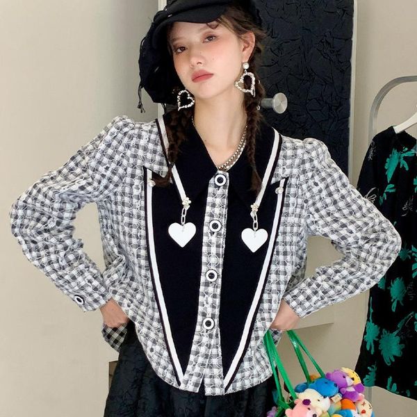 

women's blouses & shirts d1l19 temperament british wind autumn loose pattern plaid color love lapel stitching single-breasted jacket, White