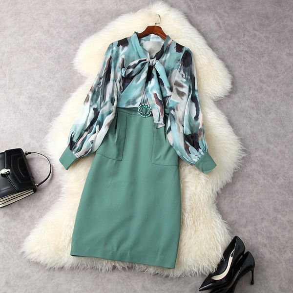 

dresses european and american women's clothing spring 2021 lantern long sleeve bow collar print stapled diamond belt dress njc3, Black;gray