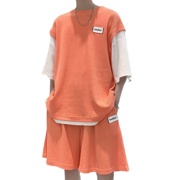

summer men's tracksuits fake two-piece round neck cotton short sleeve t-shirt shorts couple korean style casual two-piece suit, Gray