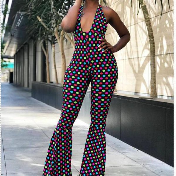 

women's jumpsuits & rompers women deep v halter playsuit polka dot casual sleeveless bodycon female summer jumpsuit flared long pants b, Black;white