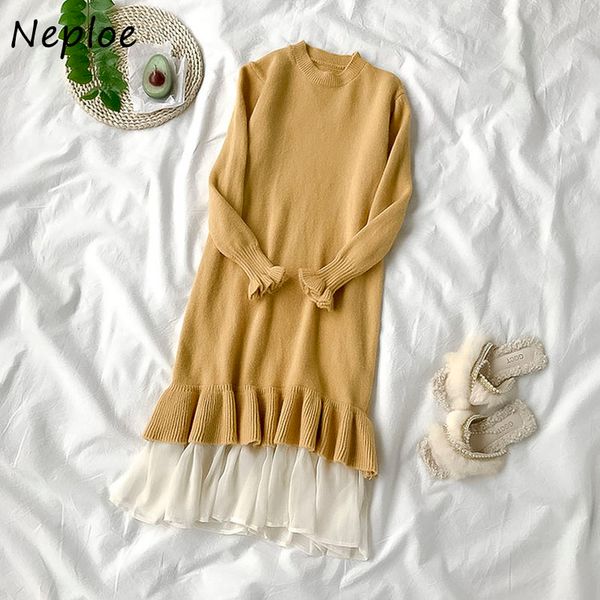 

neploe autumn winter ruffles women dress fashion sweet knitted dresses hiver cuter elegant long dresses vestidos 1h351 210423, Black;gray