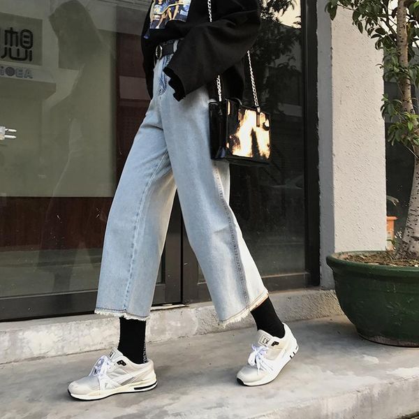 

women's jeans chicatwill women high waist straight denim england casual brief wide leg pants, Blue