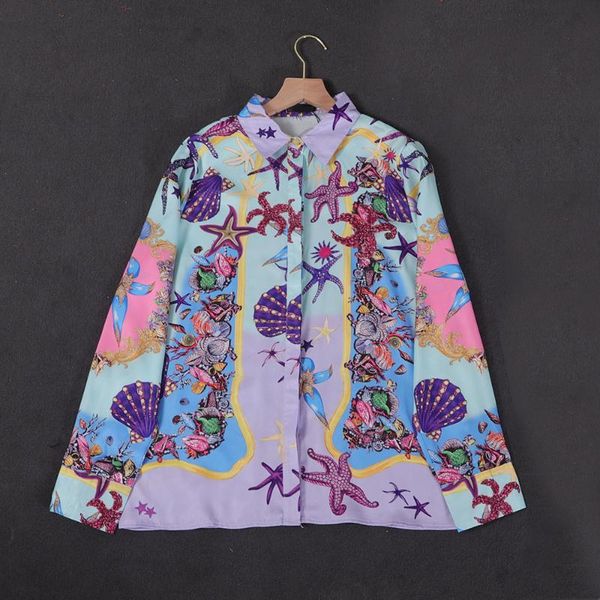 

women's blouses & shirts high end quality fashion starfish button print blouse casual long sleeve shirt autumn turn down collar elegant, White