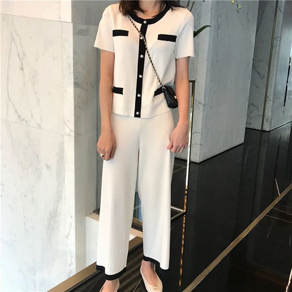 

summer ladies short sleeve fake pocket pullover + broad-legged pants set women knit sweater and pants 2pcs clothing set 210515, White