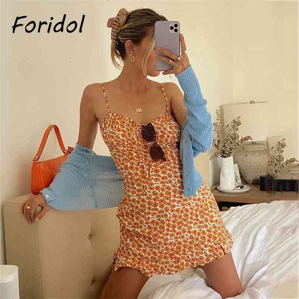 Foridol Floral Impressão Backless Boho Strap Dress Mulheres Curta Laranja Beach Verão Ruffle Casuais Bohemian Algodão Mini Sundress 210415