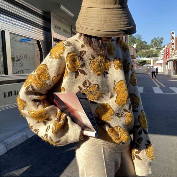 

sweater women harajuku sweater vintage flower sweater women autumn new knitted retro loose pullover jumpers sueter mujer 210422, White;black