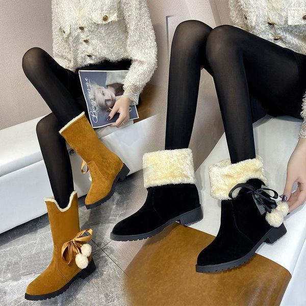 

boots autumn and winter plus velvet warm snow female cute fur ball flat inner increase high school student cotton, Black
