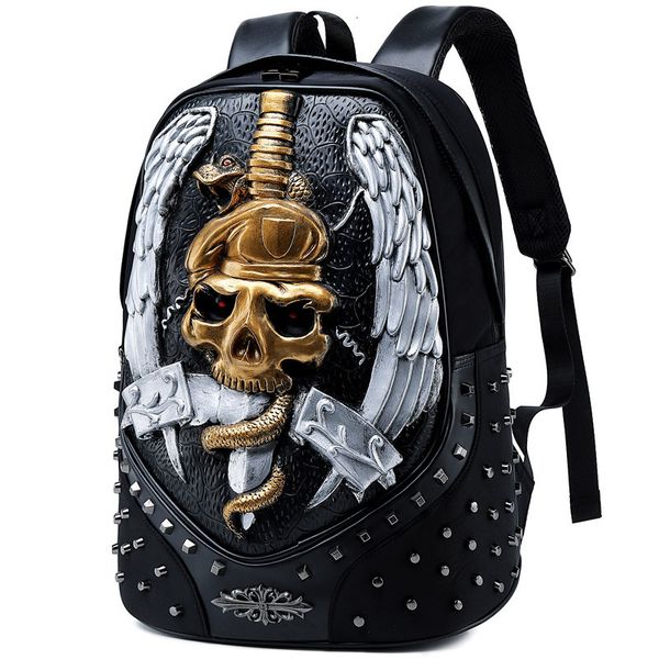 

bags wallet backpack punk men's street trend embossed 3d skull snake waterproof computer bag, Black;red