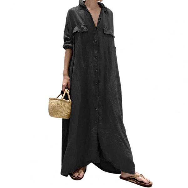 

casual dresses 50%dress single-breasted solid color extra long turn-down collar autumn dress for vacation, Black;gray
