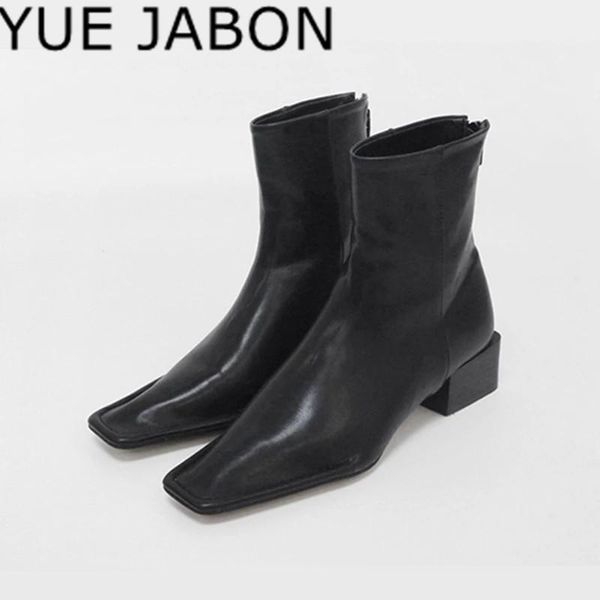 

boots 2021 fashion women ankle square toe low heel shoes woman back zipper short booties black white botas mujer