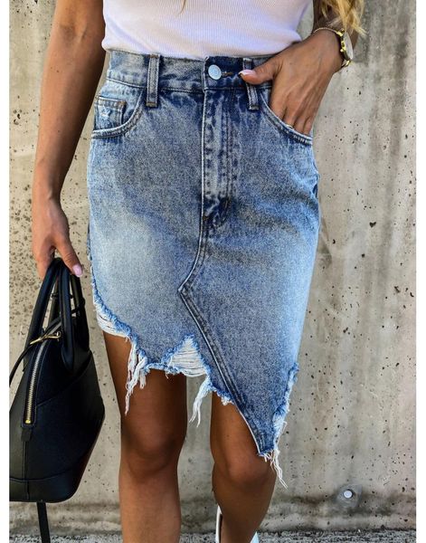 

skirts 2021 ladies skirt fashion denim style european and american personality ragged irregular ripped slim, Black