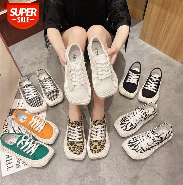 

canvas shoes female students square head leopard print flat casual ugly single ins tide #bd7l, Black