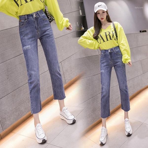 

elegant women spring autumn jeans fashion two button wide leg denim pants women's, Blue