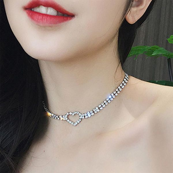 

pendant necklaces exquisite rhinestone heart-shaped necklace charming shining women's wedding choker elegant lady party jewelry gift, Silver