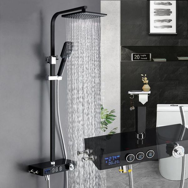 

luxury matte black bathroom thermostatic shower faucet set white bathtub mixer tap 3-way mixe sets