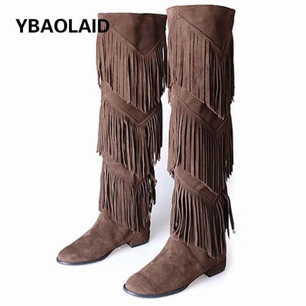 

boots frosted cowhide tassel flat-heeled women's round toe thick heel zipper high-tube over-the-knee casual knight, Black
