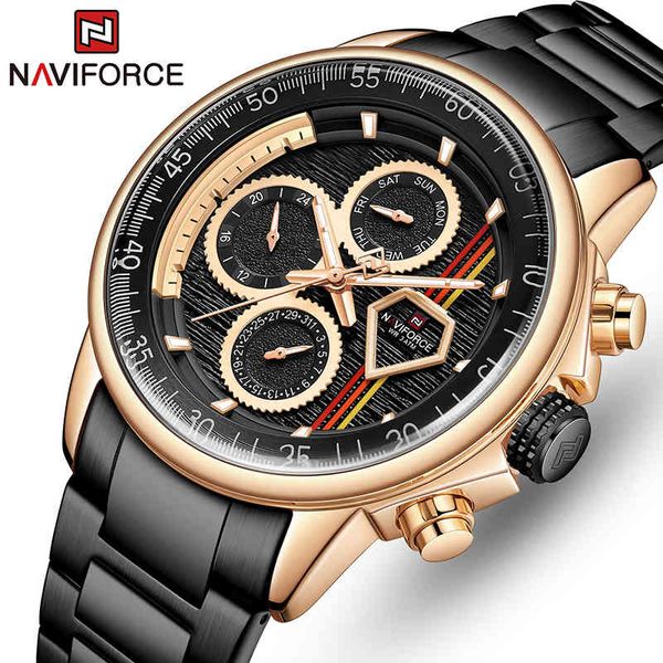 

naviforce mens watches brand stainless steel calendar waterproof sport clock date quartz watch for men relogio masculino 210517, Slivery;brown