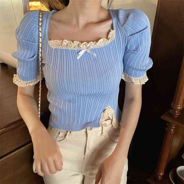 

french square collar temperament short t-shirt female design sense split lace slim and sleeve t shirt summer 210529, White