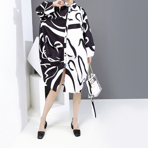

autumn new street style plus size loose slim abstract printed shirt blouse women 210421, White