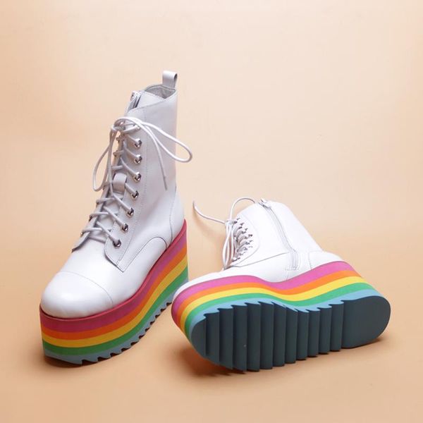 

boots designer woman colorful wedge high ankle genuine leather thick rainbow platform multicolor lace short booties, Black