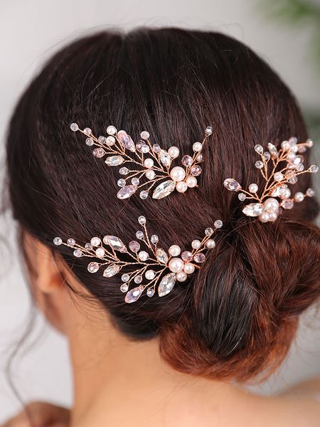 

Bridal Hair pin Rose gold Headpiece Rhinestone and Crystal Headdress Beads hairwear for women Wedding Bride to be headwear