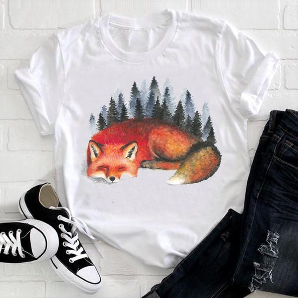 

short sleeve watercolor style womens t shirts fox cartoon animal 90s printing clothes ladies graphic print tee female shirt, White