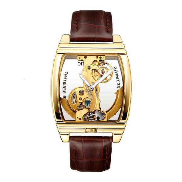 

automatic hombre shenhua clock relocks men luxury golden skeleton mechanical men's watches leather band relogio masculino, Slivery;brown