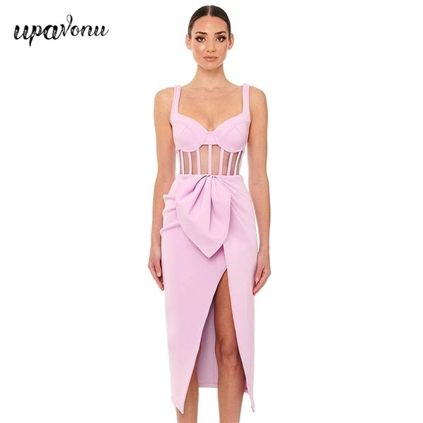 

pink midi bandage dress women strap v-neck sleeveless hollow draped split celebrity club party vestidos 210524, Black;gray