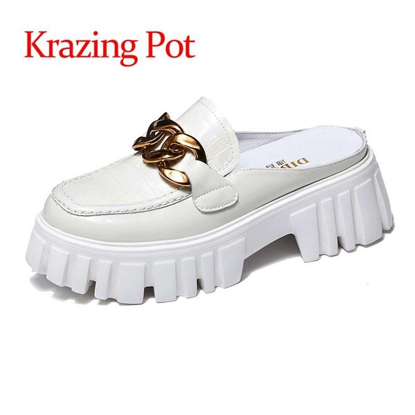

slippers krazing pot cow leather high heels metal round toe solid thick bottom british school fashion slip on summer outside slipper l22, Black
