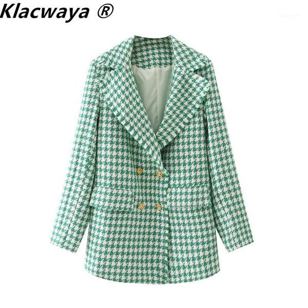 

women's suits & blazers klacwaya women fashion double breasted houndstooth tweed coat vintage long sleeve frayed trim female outerwear, White;black