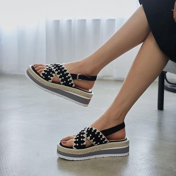 

summer bohemian sponge cake platform sandals for women with wedges dress shoes, Black