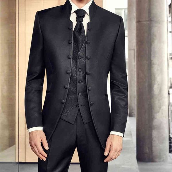 

men's suits & blazers black tunic wedding tuxedo for groomsmen with stand collar 3 piece formal business male smoking coat with pants o, White;black
