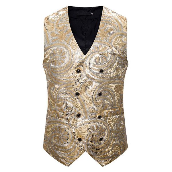 

men's vests shiny gold floral sequin dress vest men double breasted slim fit v neck tuxedo waistcoat party dinner stage prom male, Black;white