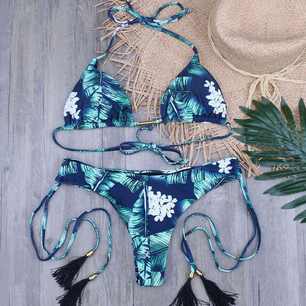 

ladies swimwear fringed beach brazilian bikini set palm tree halter ne tie swimsuit bathing suit biquini maillot de bain printing